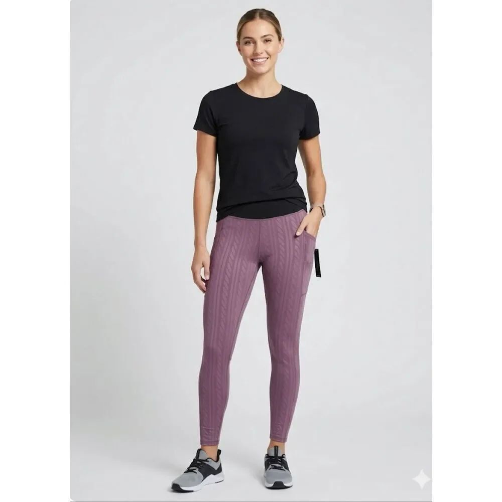NWT Tahari Sport Cable Knit Print Leggings Mauve Purple High Rise Pockets L